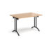 Rectangular folding leg table with black legs and curved foot rails