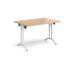 Rectangular folding leg table with white legs and curved foot rails