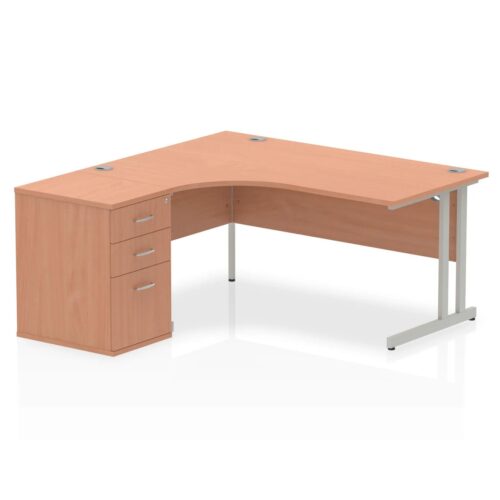 Impulse Left Crescent Desk, Silver Cantilever Leg Workstation - with 600mm pedestal