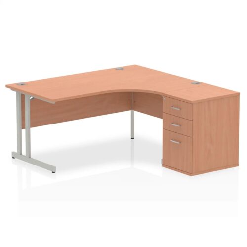 Impulse Right Crescent Desk, Silver Cantilever Leg Workstation - with 600mm pedestal