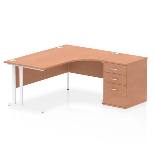 Impulse Right Crescent Desk, White Cantilever Leg Workstation - with 600mm pedestal