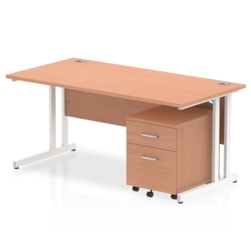 Impulse Straight Desk, White Cantilever Leg - With 2 Drawer Mobile Pedestal