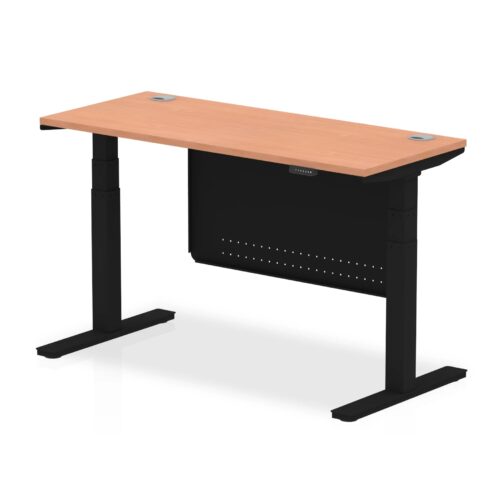 Air Height Adjustable Slimline Desk with Cable Ports, with Steel Modesty Panel, Black Leg - 600mm deep