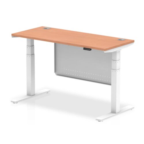 Air Height Adjustable Slimline Desk with Cable Ports, with Steel Modesty Panel, White Leg - 600mm deep