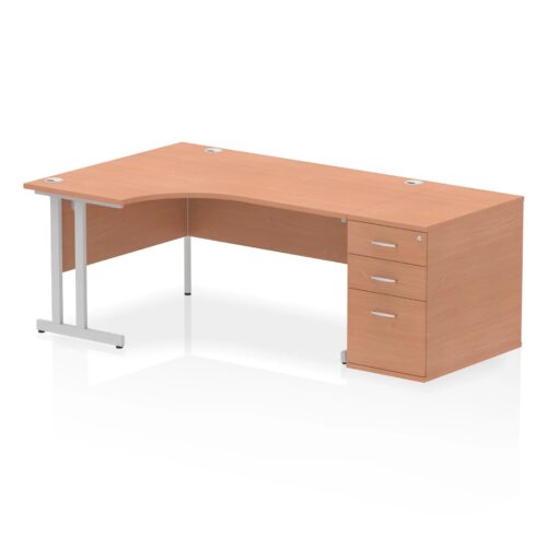 Impulse Left Crescent Desk, Silver Cantilever Leg Workstation - with 800mm pedestal