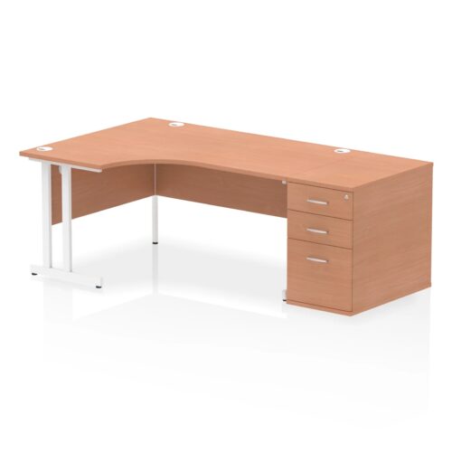 Impulse Left Crescent Desk, White Cantilever Leg Workstation - with 800mm pedestal