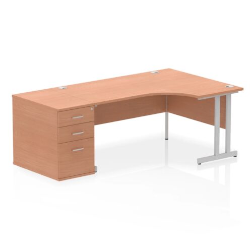 Impulse Right Crescent Desk, Silver Cantilever Leg Workstation - with 800mm pedestal