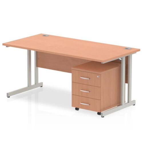 Impulse Straight Desk, Silver Cantilever Leg - With 3 Drawer Mobile Pedestal