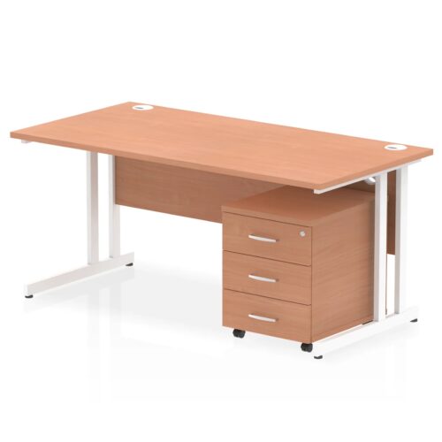 Impulse Straight Desk, White Cantilever Leg - With 3 Drawer Mobile Pedestal
