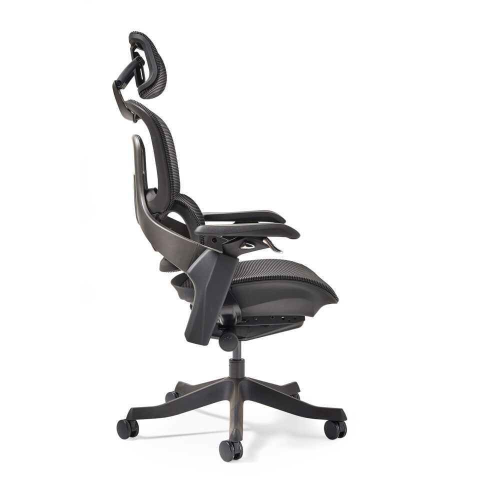 Lyra is a fully ergonomic task chair with adjustable arms and integrated head rest in black - Image 3