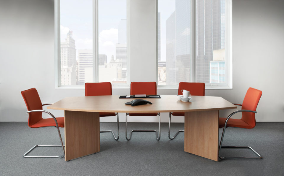 Arrow head leg radial boardroom table 2400mm x 800/1300mm - beech