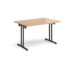 Rectangular folding leg table with black legs and straight foot rails