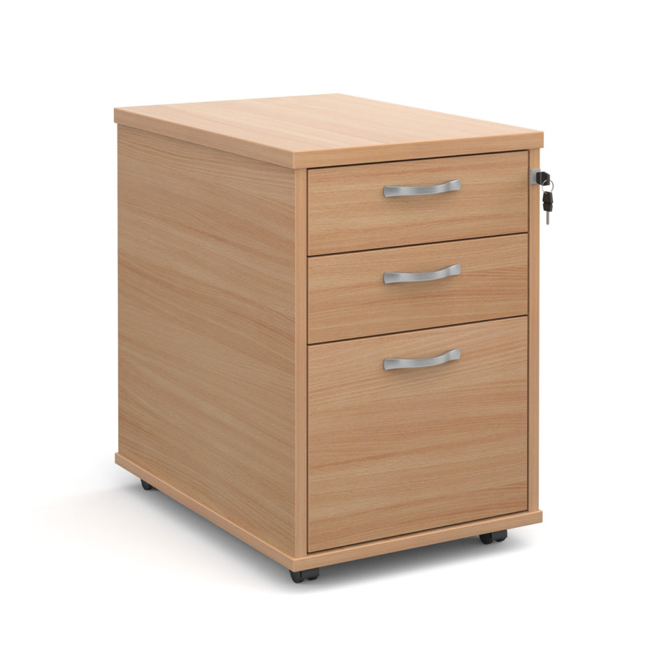 Tall mobile 3 drawer pedestal with silver handles 600mm deep - beech