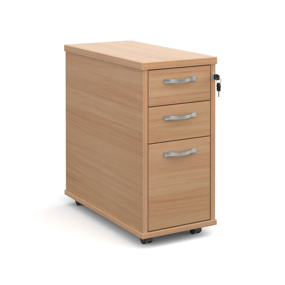 Tall slimline mobile 3 drawer pedestal with silver handles 600mm deep - beech