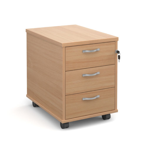 Mobile 3 drawer pedestal with silver handles 600mm deep - beech